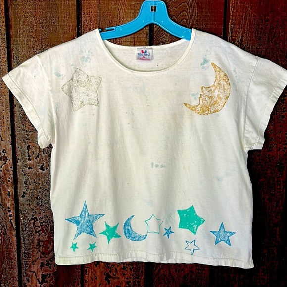 Vintage Tops - Vintage 80s 90s Celestial Witchy Moon & Stars Cropped Short Sleeve T Shirt L/XL